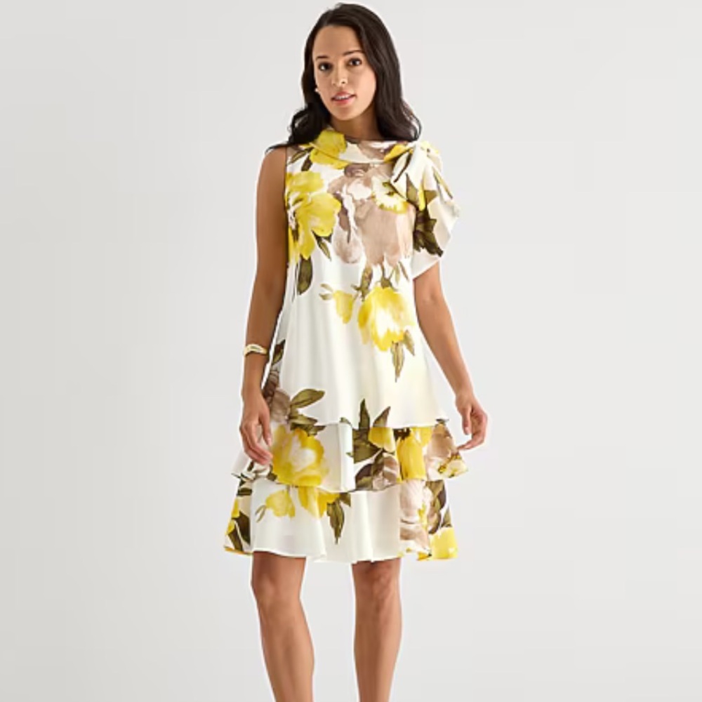Robbie Bee White Floral Dress with Yellow Blooms and Brown Leaves
